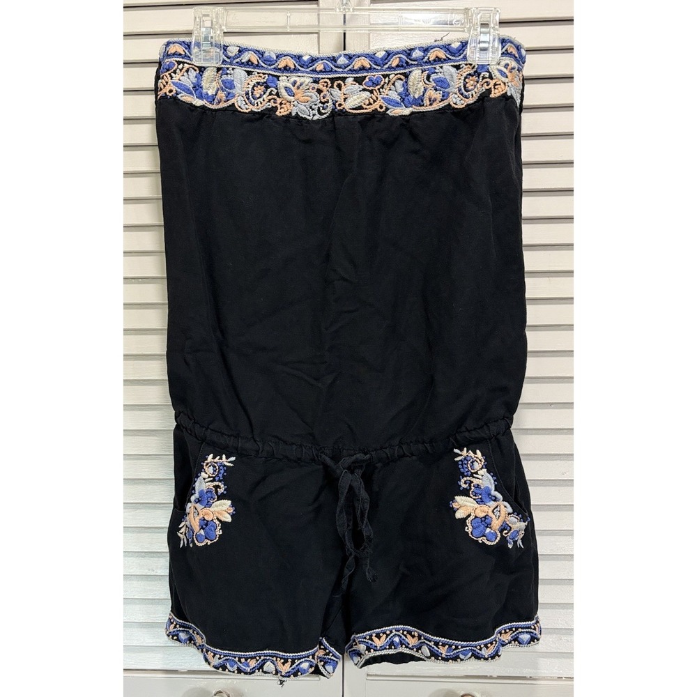 Miss Me Black Embroidered Floral Shorts Romper Size Sm Tie Waist Linen Logo Boho